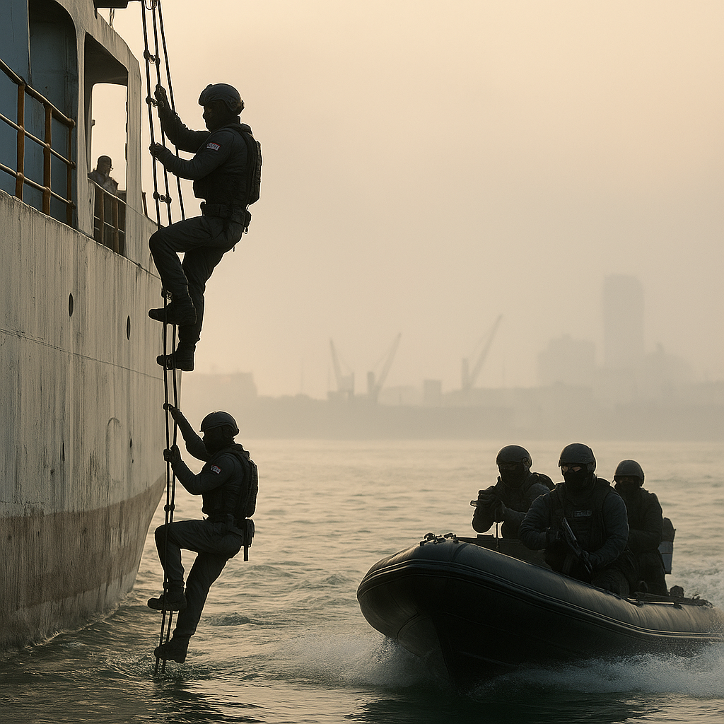 Denjaka Latihan Penyerangan Kapal dengan Taktik Visit, Board, Search, and Seizure (VBSS) di Perairan Surabaya
