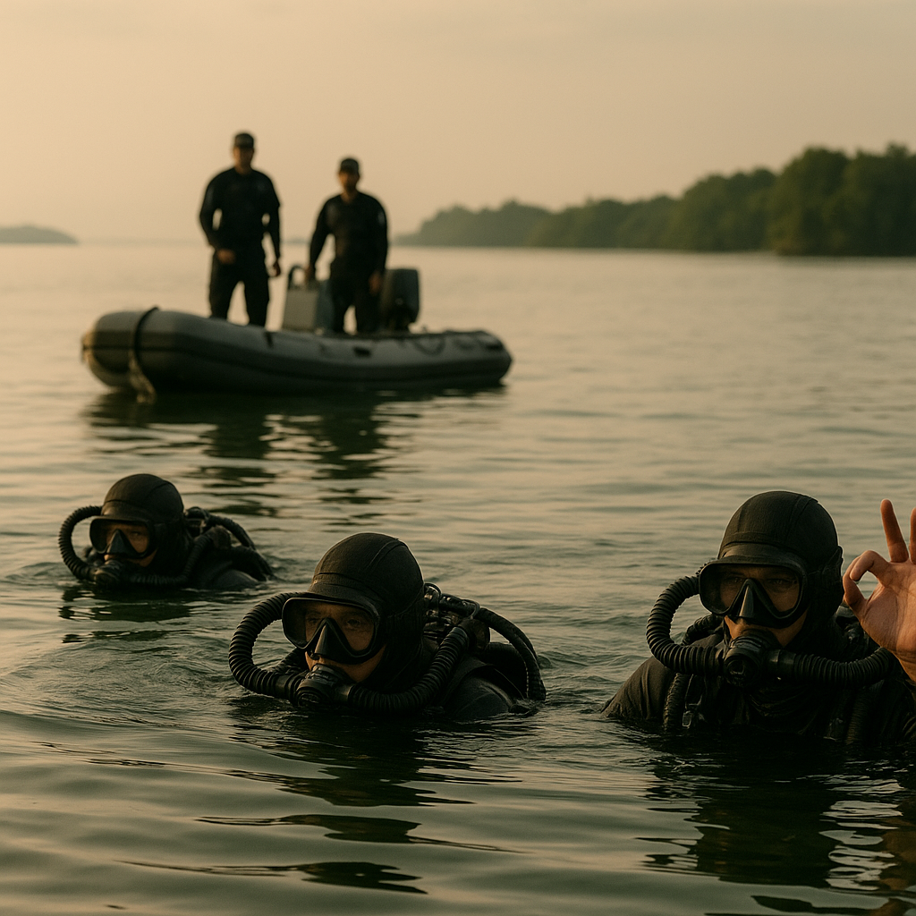 Kopassus Latihan Infiltrasi via Submerged Swimming dengan Rebreather di Perairan Riau