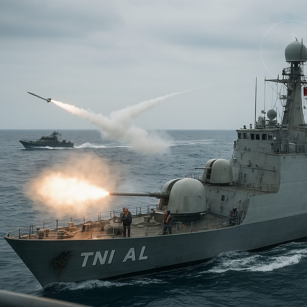 TNI AL Latih Taktik Anti-Kapal Cepat dengan Kombinasi Rudal Exocet dan Meriam 57 mm