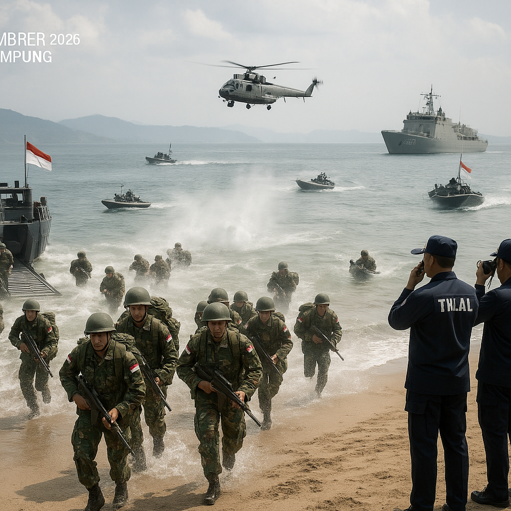 Simulasi Operasi Amfibi TNI AL dan Marinir di Teluk Lampung