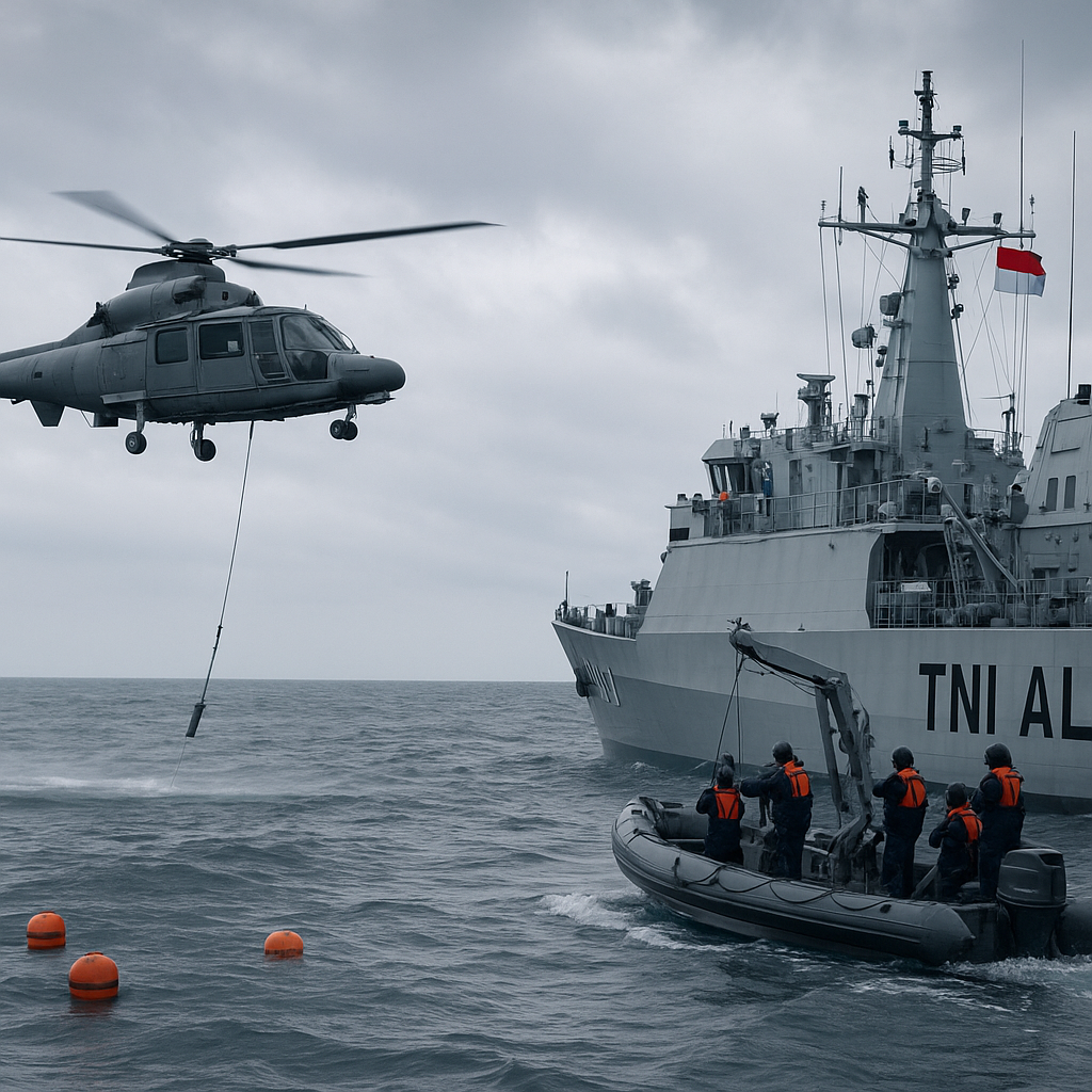 Simulasi Peperangan Anti Kapal Selam (ASW) dengan Helikopter dan Kapal Patroli TNI AL