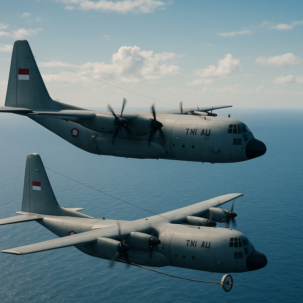 TNI AU Uji Coba Prosedur Refueling Udara dengan Pesawat C-130H di Atas Laut Jawa