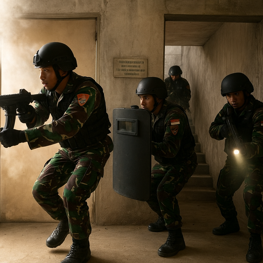 Simulasi Pertempuran Urban oleh Paskhas, Menggunakan Teknik 'Room Clearing' dan 'Stairwell Assault'