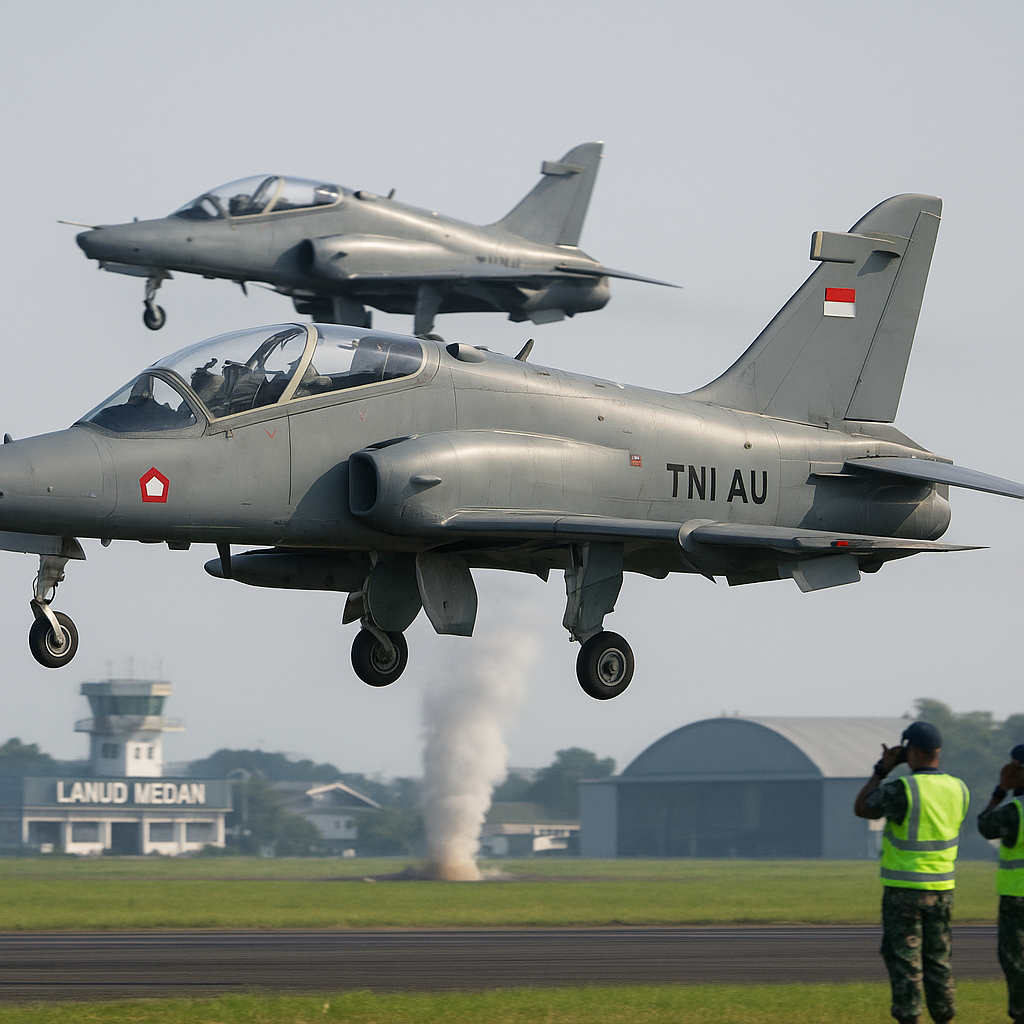 TNI AU Simulasikan Operasi Serangan Udara Tepat dengan Pesawat Hawk 209 di Lanud Medan