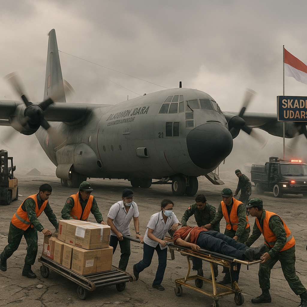 Simulasi Darurat: TNI AU Latihan Evakuasi Logistik dan Personel dengan Pesawat Hercules C-130 di Daerah Bencana