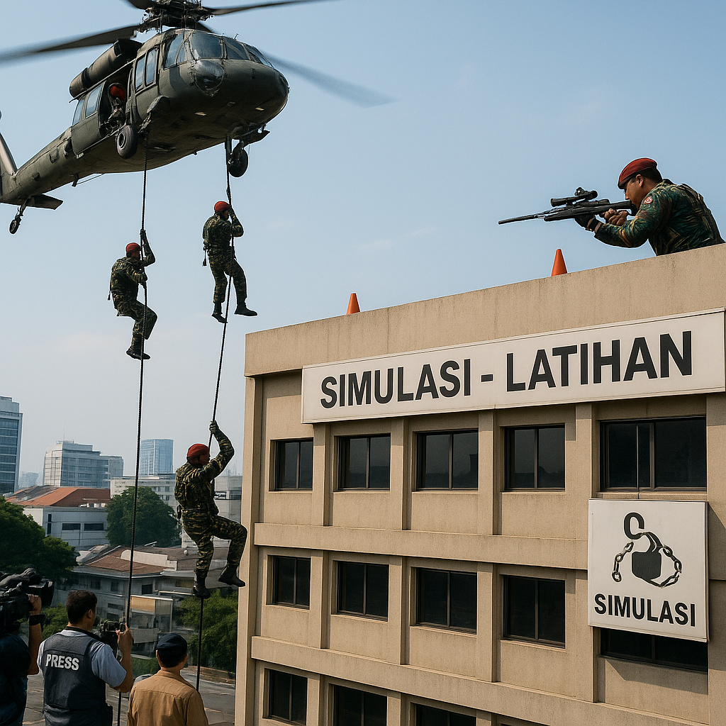 Kopassus Simulasikan Hostage Rescue di Gedung Bertingkat dengan Taktik Fast Roping