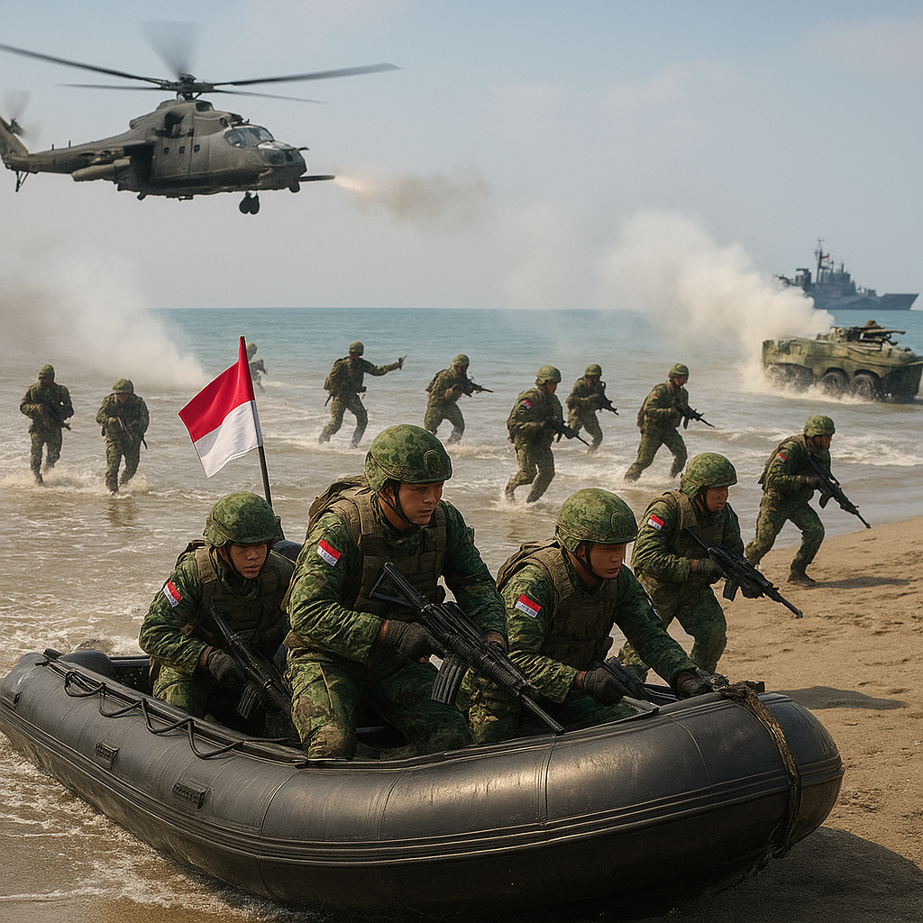 Marinir TNI AL Latihan Pendaratan Amphibi di Pantai Bama dengan Helikopter Serang