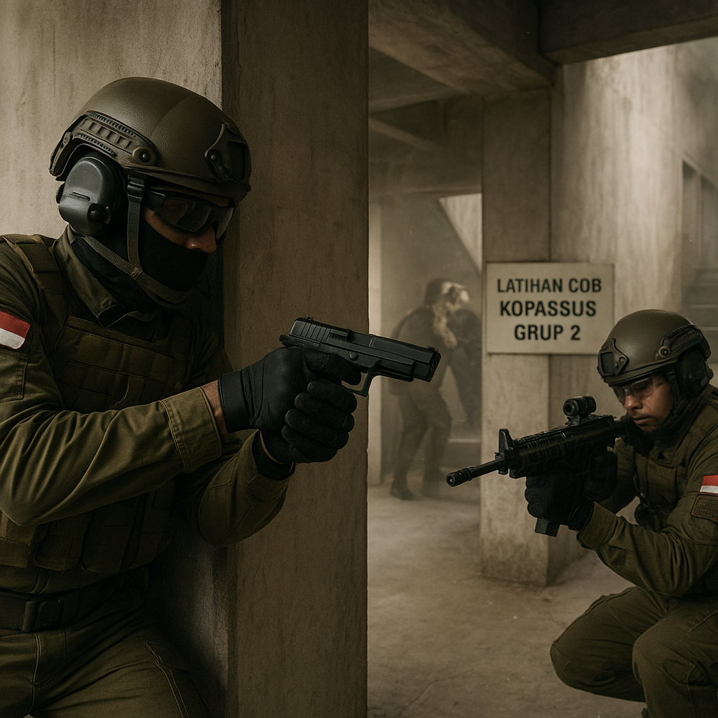 Latihan CQB Kopassus Grup 2: Room Clearing dengan Teknik Bounding Overwatch di Gedung Tingkat
