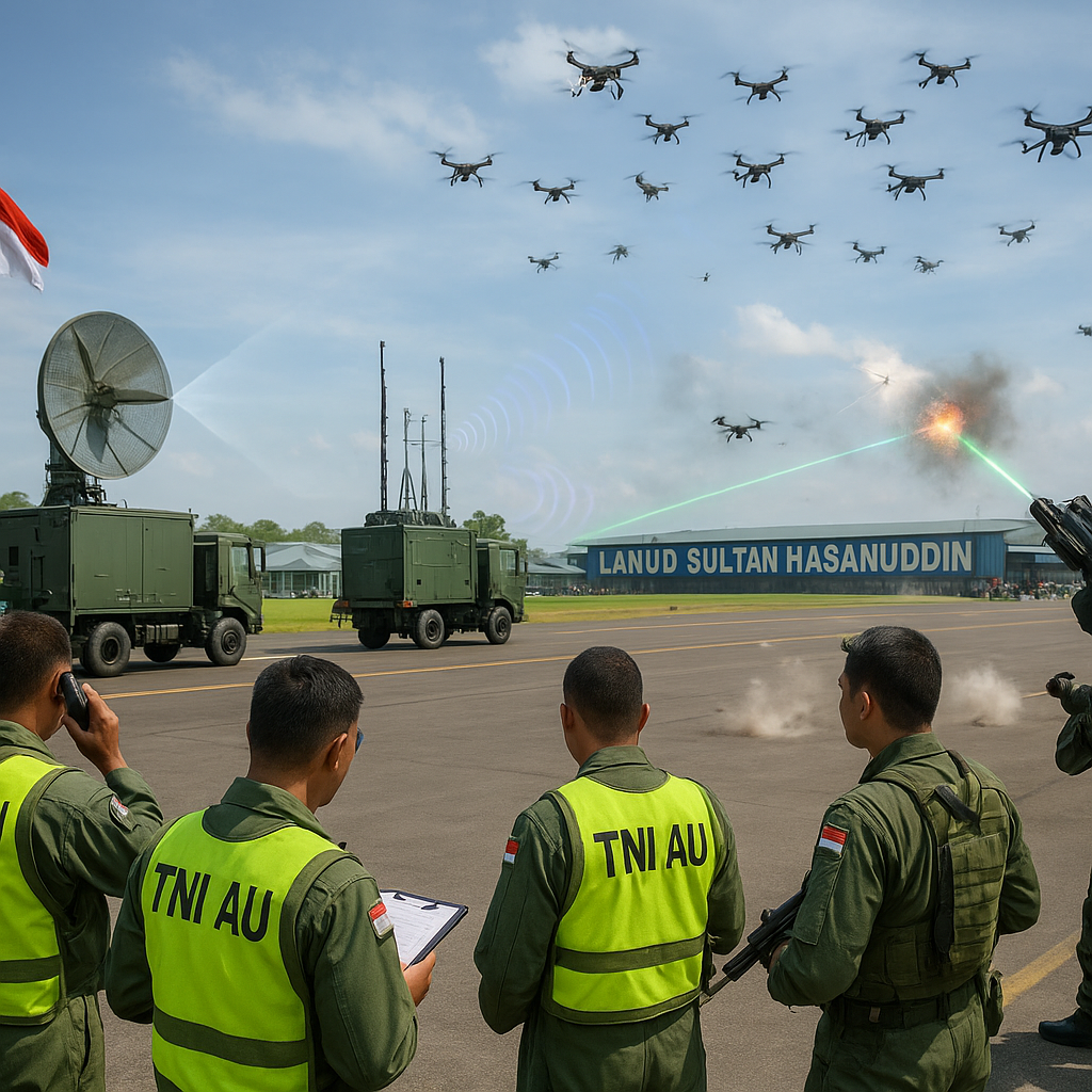 Simulasi Pertahanan Pangkalan Udara Lanud Sultan Hasanuddin terhadap Serangan Drone Swarm