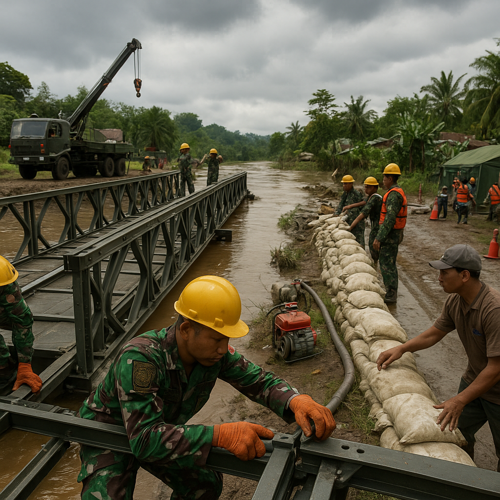Simulasi Penanganan Bencana oleh Batalyon Zeni TNI AD: Teknik Pembuatan Jembatan Bailey dan Pengurungan Banjir