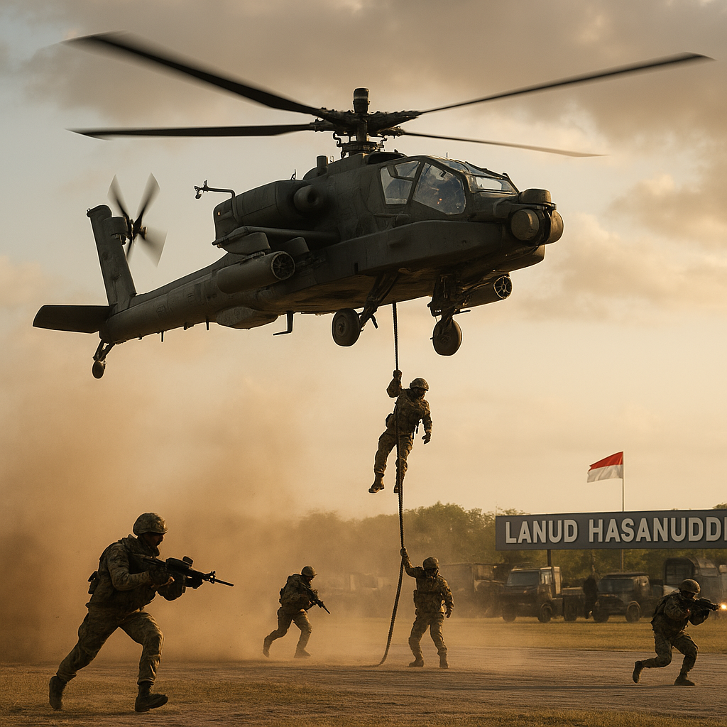Latihan Air Assault dengan Helikopter Boeing AH-64 Apache di Lanud Hasanuddin