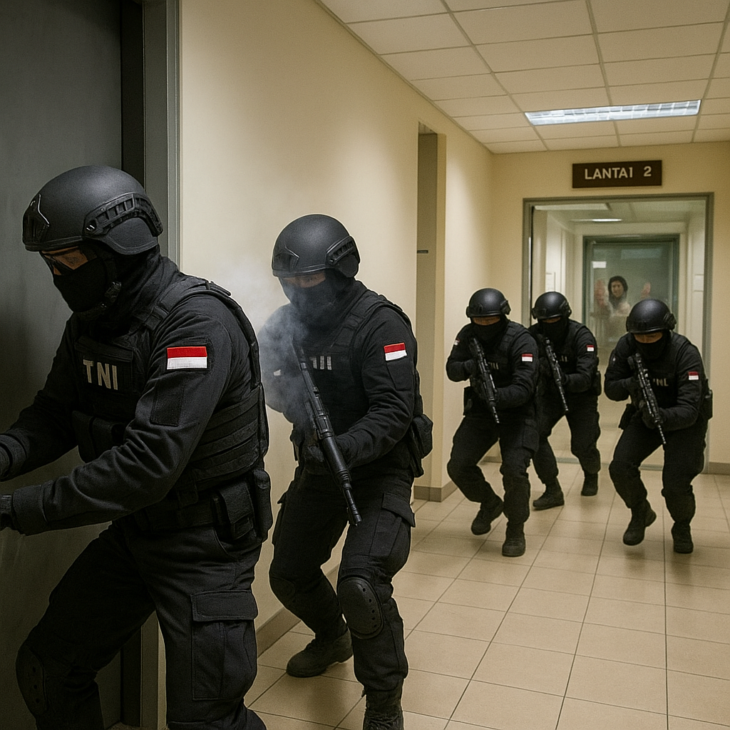Latihan Close Quarters Battle (CQB) oleh Detasemen Anti Teror TNI untuk Scenario Hostage Rescue di Gedung Bertingkat